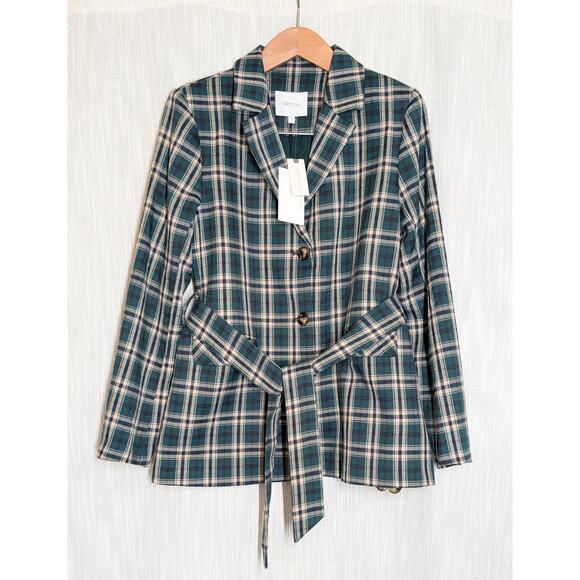 NWT Greylin Green Plaid Belted Single-breasted Button Blazer Coat Jacket, size S - Picture 1 of 10